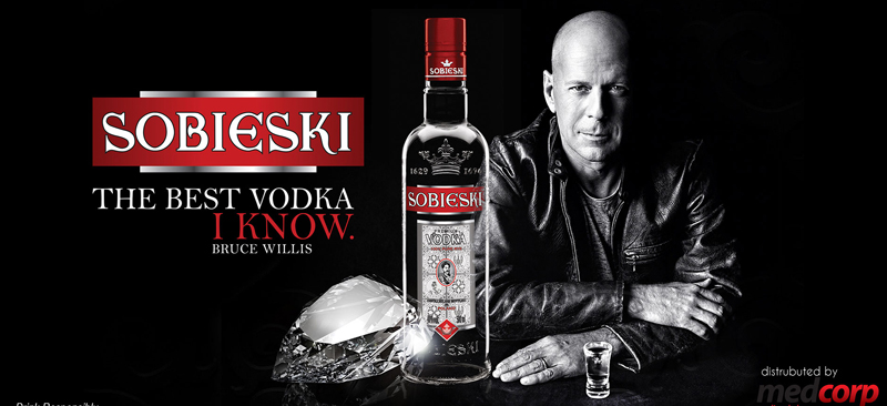 Bruce Willis endorses Sobieski vodka.
