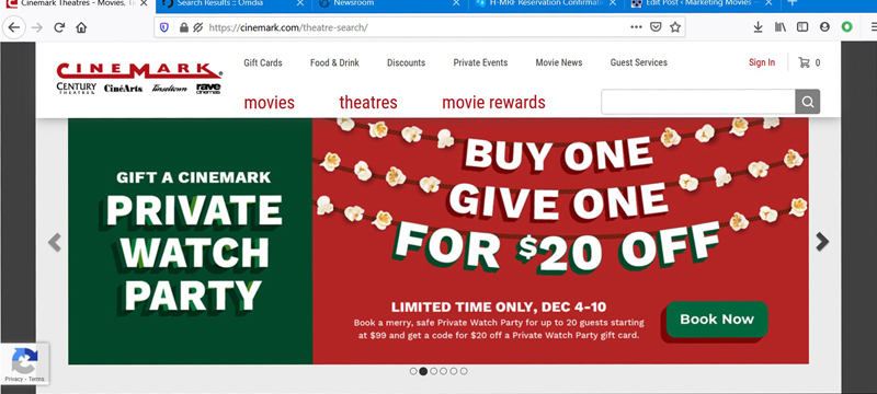 Cinemark private party screen shot.