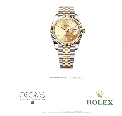 Rolex, Oscar logos together in advertising.