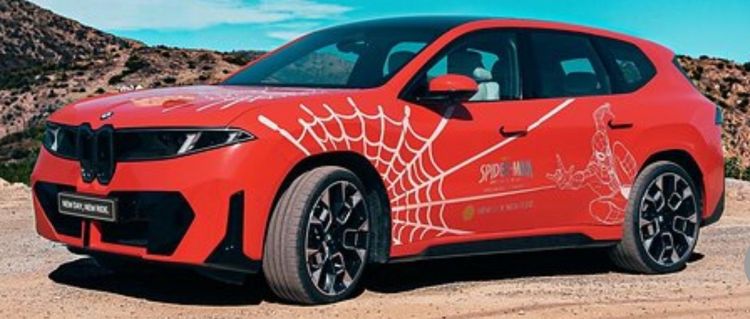 BMW car sports a Spider-Man paint job.